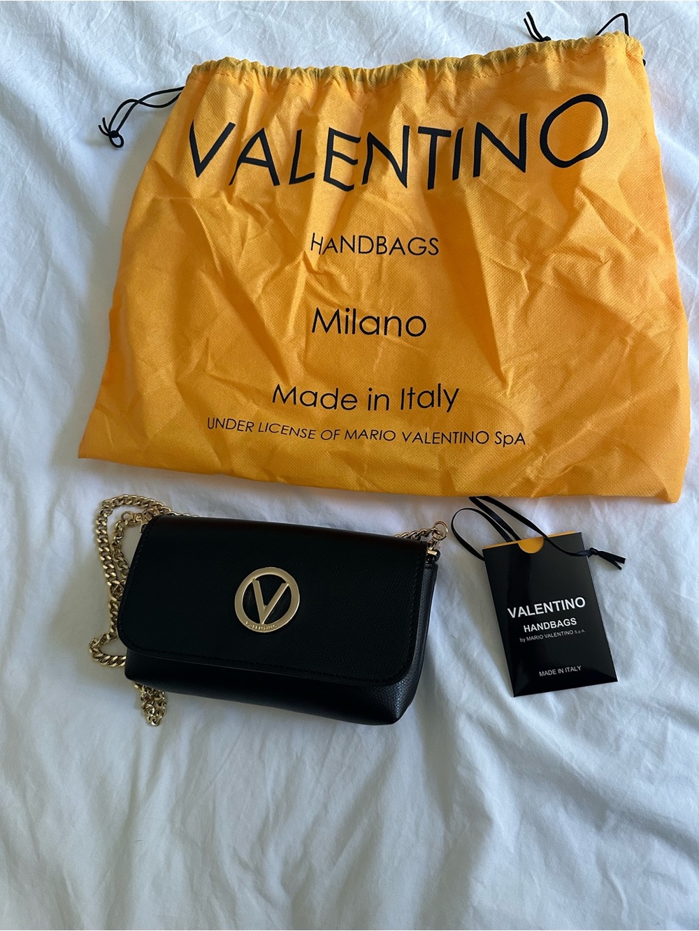 Valentino Black Leather Crossbody with Gold V Emblem and Chain